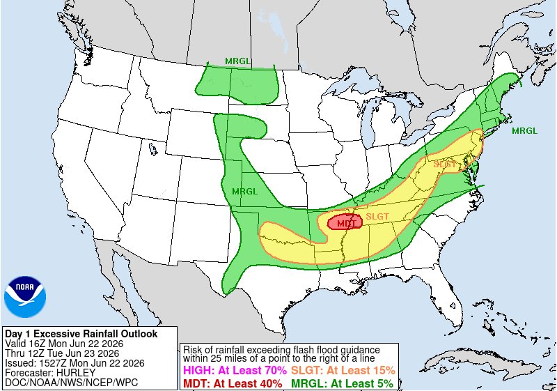 NWSWPC's tweet photo. A MODERATE risk is in effect in our Day 1 Excessive Rainfall Outlook. More details: https://t.co/FQU5sblUHQ https://t.co/3tjxgNM1LE