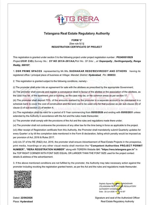 RealtyPulse1's tweet photo. DSR CIEL in Gopanpally has received TG RERA approval.

Spread across approximately 7 acres, the project will feature 6 high-rise towers of up to G+38 floors with premium 3 & 3.5 BHK residences ranging from 1,905 to 2,800 sq. ft.

Located near the Financial District, Wipro Circle and Hyderabad's IT corridor, the project is registered under TG RERA No. P02400010929.