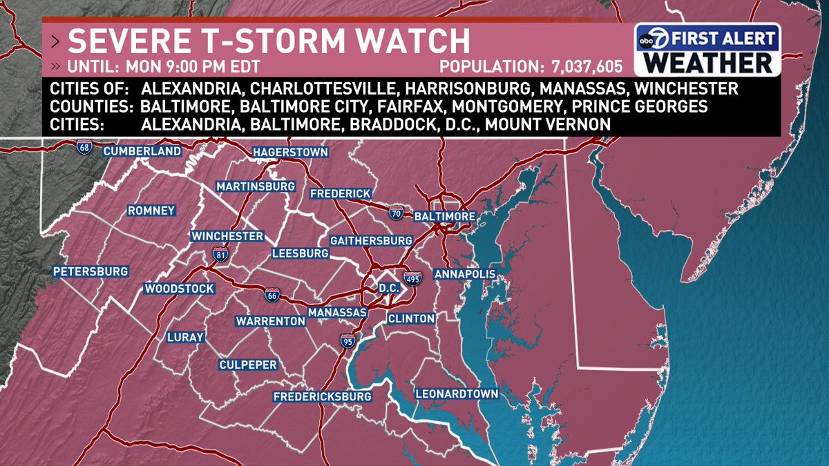 7NewsDCWeather's tweet photo. Severe T-Storm watch has been issued for the DMV until 9 p.m. This means the threat for damaging wind gusts and large hail has increased. Be prepared to seek shelter if storms arrive. https://t.co/V1GDOyBQQk