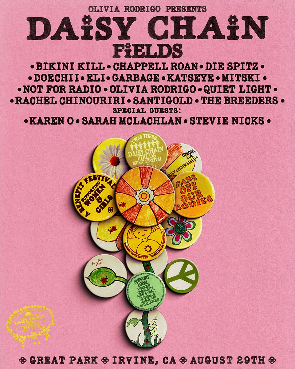LiveNation's tweet photo. . @oliviarodrigo has just announced a new festival, Daisy Chain Fields, taking place August 29 at Great Park in Irvine, CA!  Featuring an all-women line-up, net proceeds from the festival will benefit nonprofit organizations that advance and advocate women and girls.

Presale begins June 24 at 10AM PT. Sign up now for a presale passcode now at https://t.co/ntAQ7HWwk5.

#DaisyChainFields