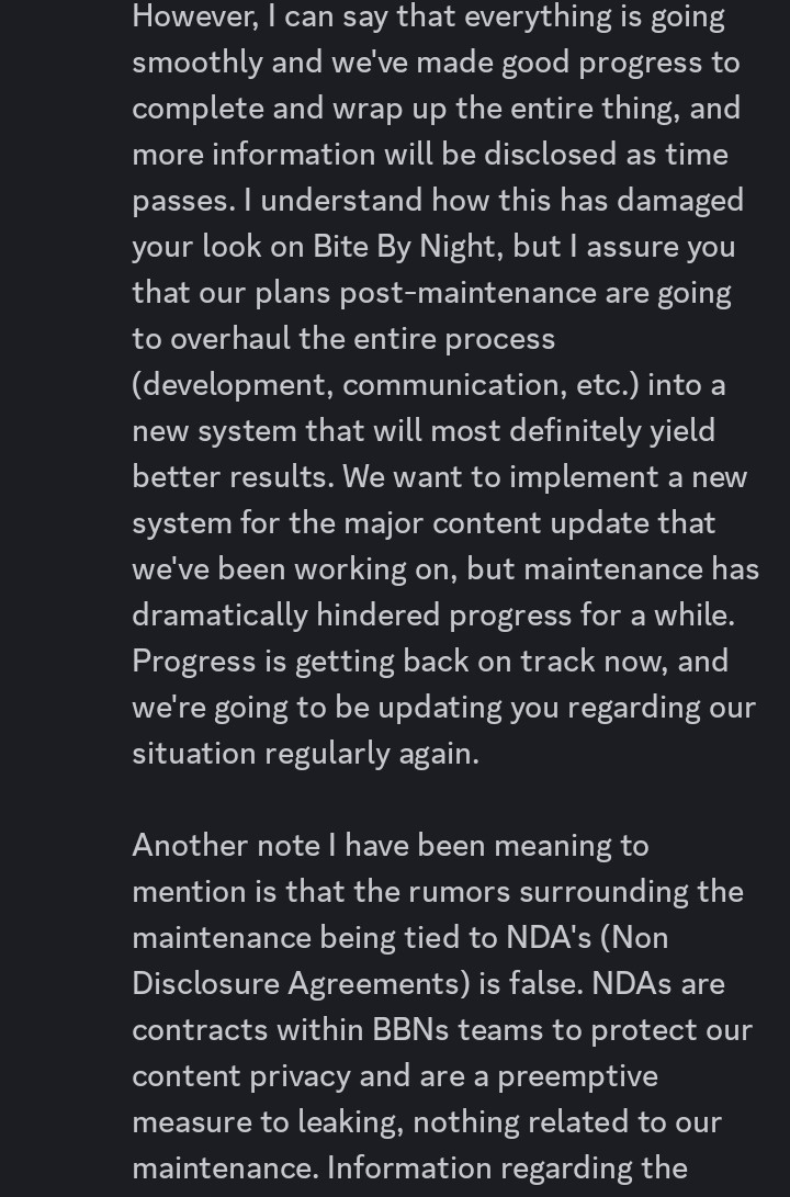 GenesisXBBNews1's tweet photo. A New Announcement For Bite By Night Has Been Recently Sent Out!

The Games Update Progress Is Nearly Complete Development-wise, They'll Be Updating The Community Regarding Their Situation Regularly Again.

Maintenance Does Not Have A Set Time To End, YET. https://t.co/3IUXpgoXR2