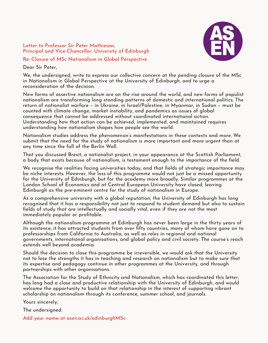 asenevents's tweet photo. ICYMI: MSc in Nationalism in Global Perspective at the University of Edinburgh is to close from next year.

Please sign and share ASEN's letter to the Vice-chancellor, Prof Sir Peter Mathieson, asking for it to be reconsidered - head to https://t.co/LbLK1dy69u to add your name https://t.co/yhOFsoHy93