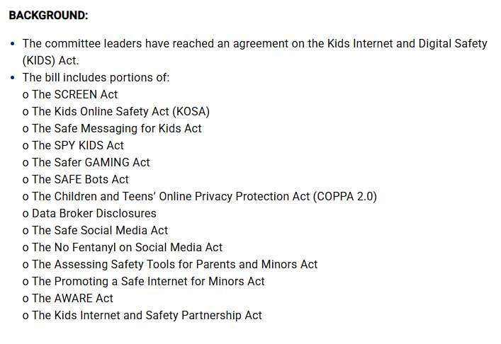 juliecbarrett's tweet photo. 🚨CONGRESS TECH BILL PACKAGE agreement includes ⬇️

Nothing available yet on the agreed bill text yet. 
I'm going to flag a couple of these bills in this thread (as the text currently reads) that I haven't previously posted about

⚠️SAFE Bots Act - it seems relatively narrow, but there are a couple of 🚩that stand out. 1/