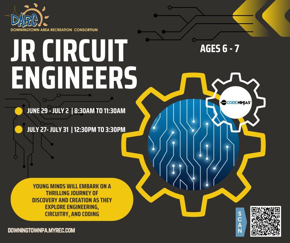 DowningtownRec's tweet photo. JR CIRCUIT ENGINEERS

REGISTER: https://t.co/rTwiCR9B8D

Young minds will embark on a thrilling journey of
discovery and creation as they explore engineering, circuitry, and coding
Campers will make their own paper circuits and gain understanding with snap circuits https://t.co/UgZRLvIR1a
