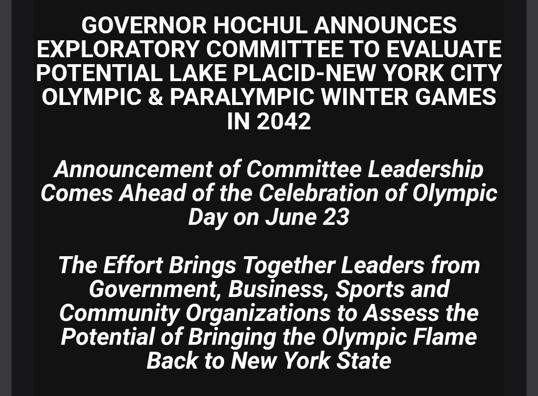 _rebeccaclewis's tweet photo. It official: Gov. Hochul has announced an exploratory committee to look into having the 2042 Winter Olympics in Lake Placid/NYC https://t.co/IzeL4ApwCy