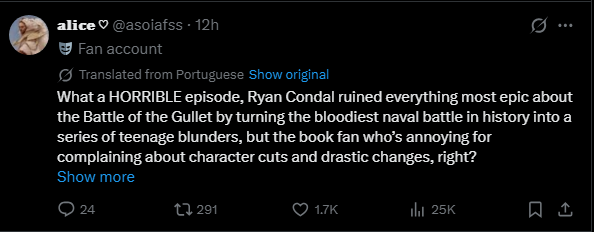 tile_tone's tweet photo. ryan condal sucks but bffr what exactly do you think the entire point of asoiaf IS exactly.
it kind of stands to reason that when u put kids into a fucking war, they start making fuckass blunders and dumbass mistakes.
doesn't make their writing good, but let's maintain focus here https://t.co/R2hMlI5Bqb