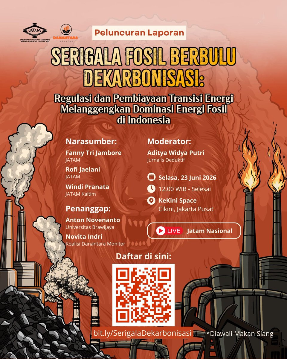 jatamnas's tweet photo. Transisi energi sering dijual sebagai jalan keluar krisis iklim, tapi di Indonesia regulasi & pembiayaannya justru menjaga dominasi energi fosil dan melahirkan “solusi palsu” yang memperpanjang umur tambang & PLTU.

JATAM akan meluncurkan laporan “Serigala Fosil Berbulu Dekarbonisasi” pada Selasa, 23 Juni 2026, 12.00 WIB, di KeKini Space, Cikini, Jakarta Pusat.

Silahkan hadir...