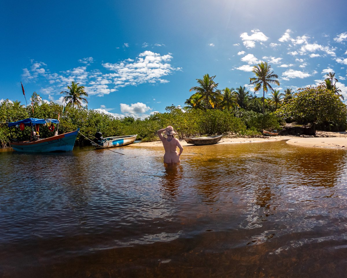 LindaCSantana1's tweet photo. Continuing my 2022 road trip, I finally entered the stunning southern coast of Bahia! Get ready, because this collection features some of the most striking and wild landscapes along the Brazilian shoreline.

I arrived for an unforgettable late afternoon at the gorgeous Praia da Costa Dourada, famous for its massive golden cliffs. At sunset, the beach was completely empty and... guess what? I was able to practice my naturism with an indescribable sense of freedom! Moving forward, I went to explore the famous Caraíva peninsula. Early in the morning, I set out for a walk along Praia do Satu. Since the holiday crowds wake up late, I did the entire hike au naturel, passing through landscapes that changed with every step: colorful cliffs, rocks, native vegetation, and two beautiful lagoons.

The next day, also at dawn, I headed to the famous Ponta do Corumbau, where a spectacular sandbar stretches out into the sea at low tide. Once again, I was alone with the ocean and took the opportunity to capture exclusive photos and videos. Continuing up the coast, I reached Praia de Imbassuaba in the Prado region. The scenery is pure pastoral peace, with coconut groves and a river in the background. The place was practically deserted, and guess what... 😉 Come check out the results of this Bahian adventure at the link below!

https://t.co/DihlOTkNgd