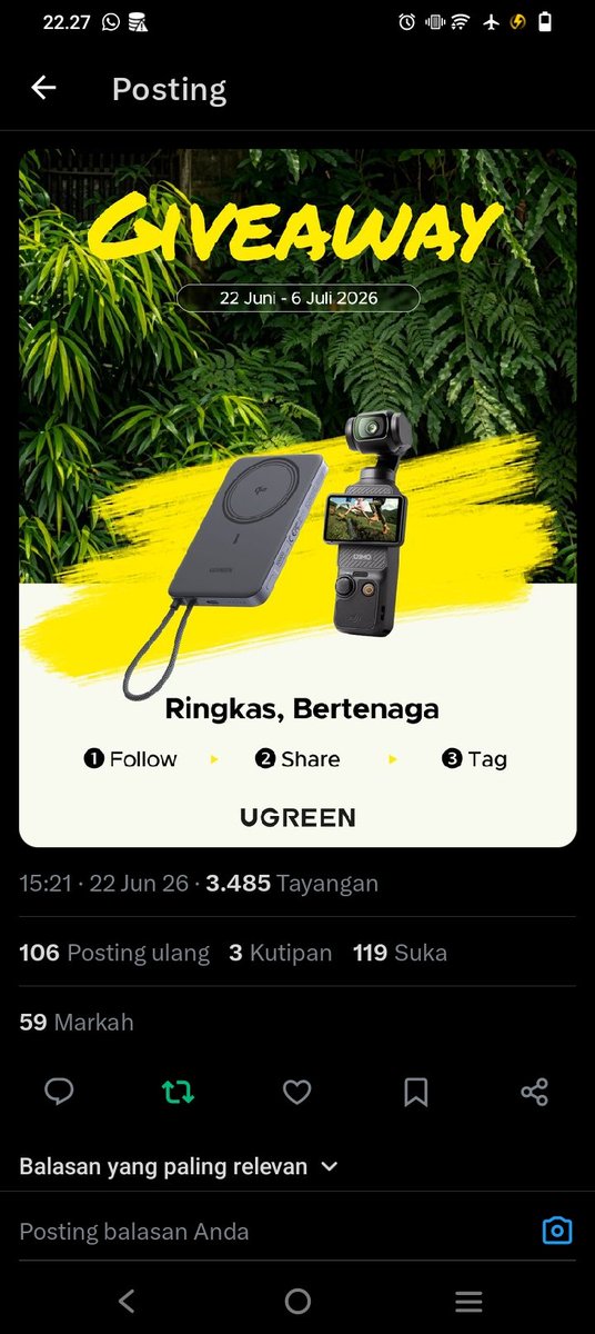 Lavaboo599Boo's tweet photo. @UGREENIndonesia UGREEN hijau penuh tenaga
Temani perjalanan ke mana saja
Abadikan momen, daya tetap terjaga
Semoga hadiahnya jatuh ke sayaπβ‘π
@UGREENIndonesia
YUK IKUTAN!!
@sweettybub99519 @kainaachalo @guemikhaeleugeo
#UGREEN #Giveaway #GoLightGoBright #TechEssentials #TravelTech https://t.co/elZgUNLPtv