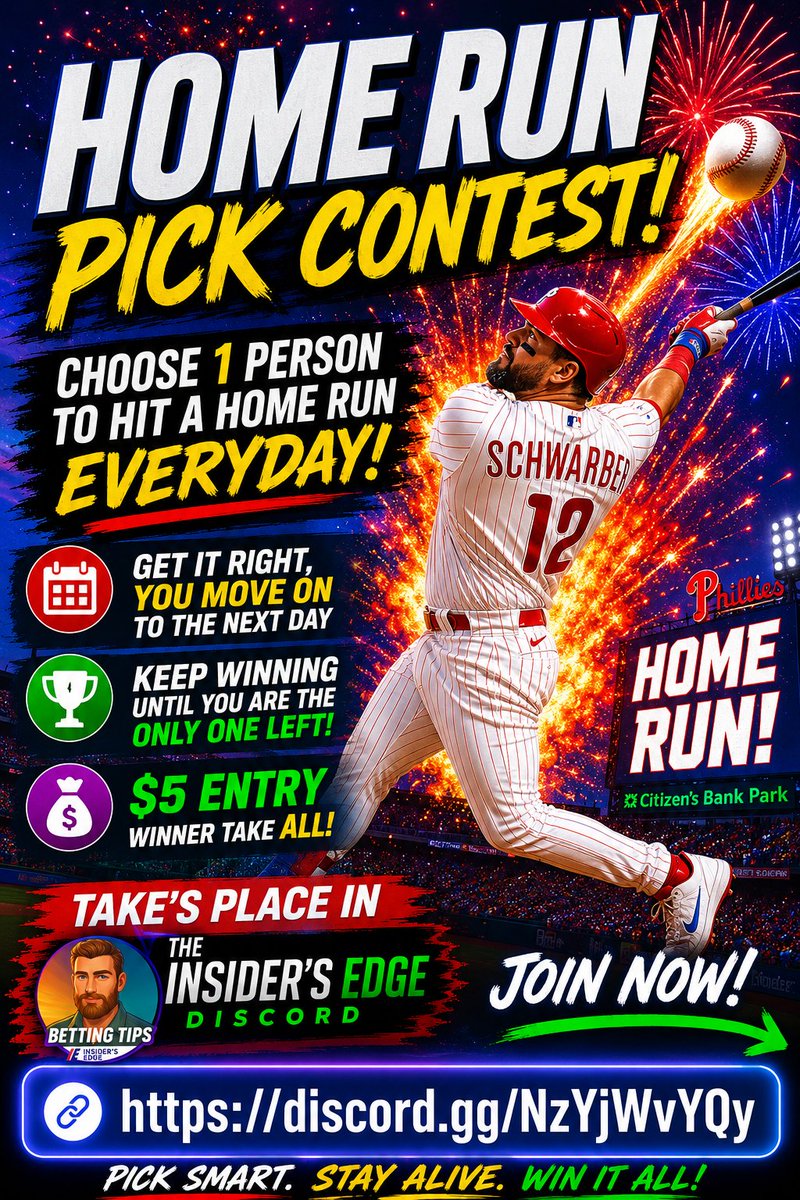 Roboteach7's tweet photo. 🚨💣 HOME RUN SURVIVOR IS LIVE! 💣🚨

Think you can pick a HR hitter every day? ⚾️

✅ Pick 1 player to homer
✅ Survive and advance
✅ Miss and you're out
✅ Last person standing wins the ENTIRE POT
💵 $5 Entry
🏆 Winner Take All
🔥 Starts in The Insider's Edge Discord
Join NOW:
https://t.co/ggMX3KUm2P
#MLB #HomeRun #SportsBetting #GamblingTwitter #Baseball #DiscordCommunity #HRParlay #DingerTuesday #BettingX #SportsPicks