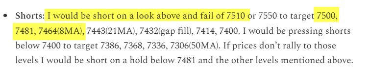 NoBSForex's tweet photo. $SPX Substack short plan given out well before RTH open is paying off once again as the look above and fail of 7510 has now hit the first 3 targets.  Price is at an important spot here as we have a confluence of the 8MA/21MA right around 7450.  We are obviously booking profits and leaving runners to work.  Done before lunch, enjoy your day!  Bulls want to see price reclaim 7481 to target 7500, 7510, 7530 and would start pressing above 7530.  Bears want to see price continue to dip and break/hold below 7464(8MA) and 7443(21MA) to target a gap fill at 7420.  Let’s see if the Bears or Bulls will win this battle for the close above or below and important zone.