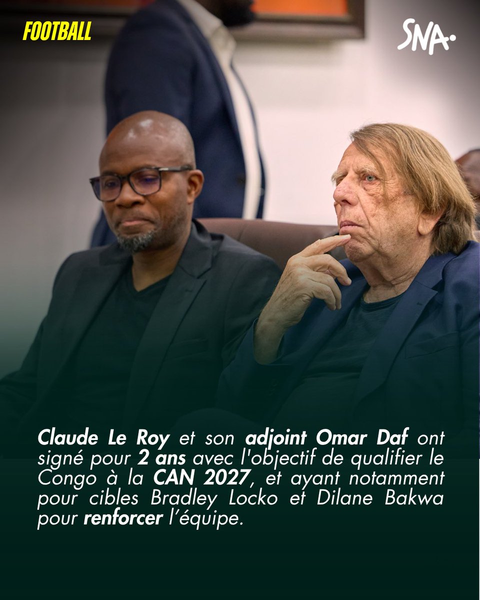 snewsafrica's tweet photo. Le Congo voit grand pour la CAN 2027 ! 🇨🇬
Claude Le Roy fait son grand retour à la tête des Diables Rouges, épaulé par le Sénégalais Omar Daf comme adjoint. En associant l'expérience légendaire du « Sorcier Blanc » et la rigueur de Daf, la sélection congolaise lance officiellement son opération reconquête ! 🎯🔥

Plus d’infos : https://t.co/Z9pYOVGe5x…