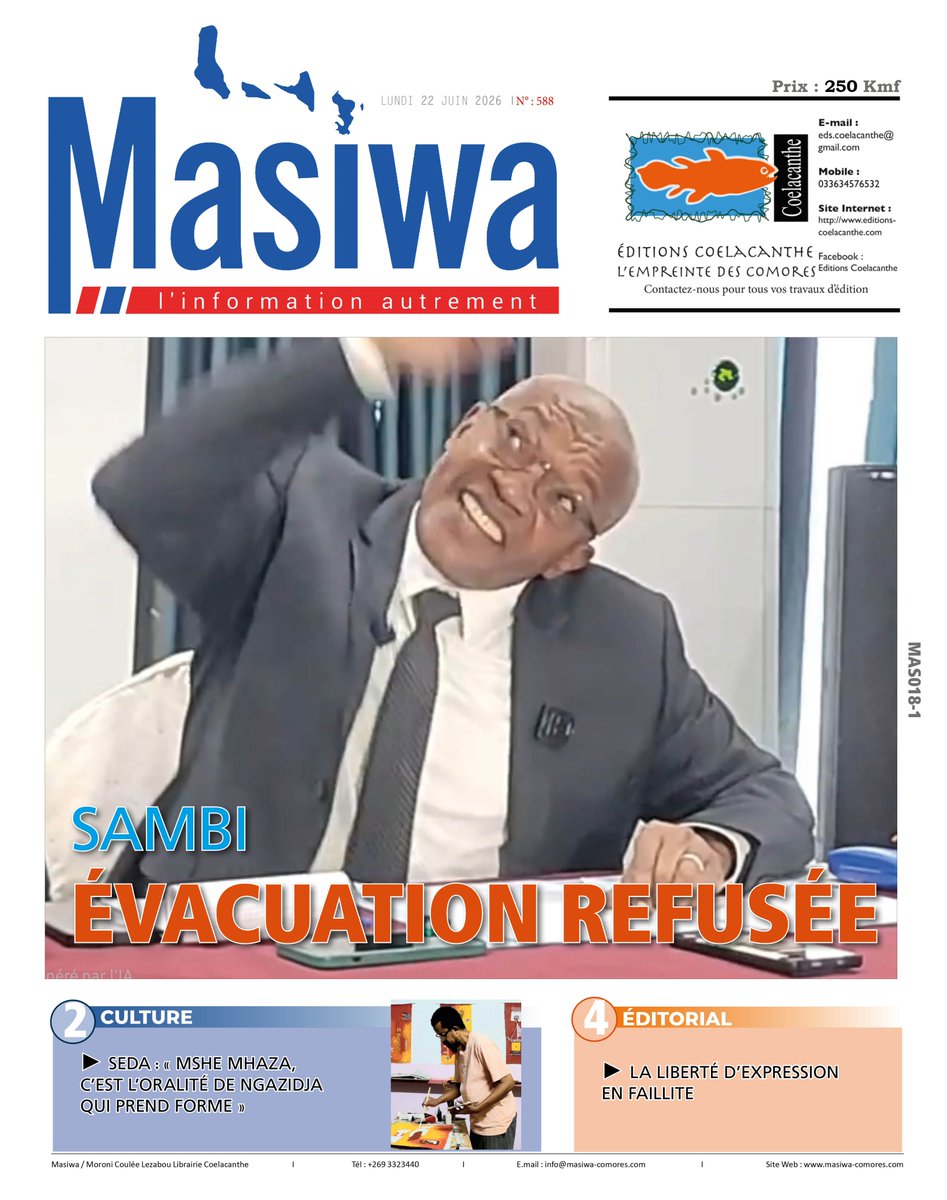 JournalMasiwa's tweet photo. La UNE de Masiwa n°588 du lundi 22 juin 2026. À lire sur https://t.co/bP2yv3LSNf ou au format PDF https://t.co/Q2qq4RQDna