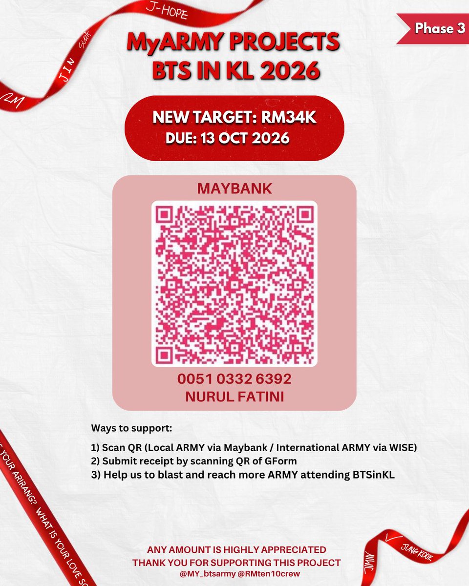 MY_btsarmy's tweet photo. ✨BTS in KUALA LUMPUR FAN PROJECTS

Update Funds Support for #BTSinKL

Current amount: RM13,119.87
New 🎯: RM34K  

▫️I-ARMYs that joing us in KL this Dec are welcome to support this project via WISE~ 
▫️MyARMY, can join special GA by donating any amounts~ 

Thank you for your support, any amount will help~ 💜
#BTS_WORLDTOUR #BTS_WORLDTOUR_ARIRANG
#BTS_WORLDTOUR_ARIRANG_KUALALUMPUR