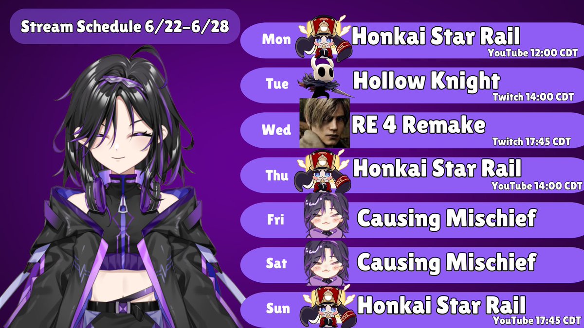 MasumiCara's tweet photo. Here is the schedule for this week everyone!

We got HSR, Hollow Knight, and RE4 Remake! Hope to see y'all there! https://t.co/PjYGhJ9pZp