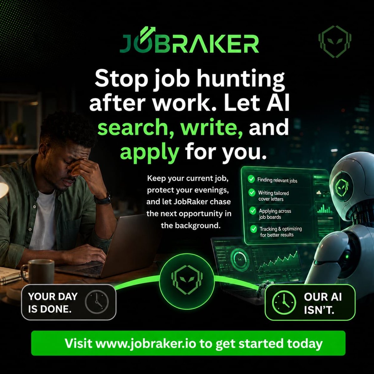 Area50Tech's tweet photo. Most people don’t fail at job hunting because they’re unqualified.

They fail because they don’t have enough time.

AI is changing how careers are built.

JobRaker lets AI handle the repetitive work while candidates focus on preparing for interviews.

⚡ Work smarter, not harder. https://t.co/rqCwVSUath