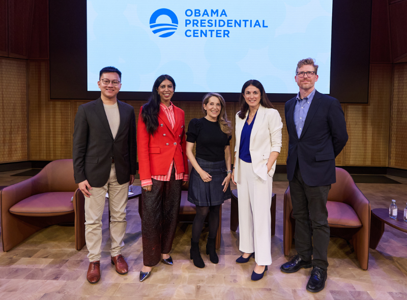 Mila_Quebec's tweet photo. Mila was honoured to take part in the historic grand opening of the Obama Presidential Center last weekend in Chicago. Designed as an international gathering place for reflection, connection, and action, this new center echoes Mila's commitment to expanding its impact far beyond our borders.

Our President and CEO, Valérie Pisano, shared her perspectives alongside fellow thought leaders during the panel "Age of AI: Technology, Truth, and Trust. The Choices Ahead." There, she presented Mila's vision and highlighted the crucial strategic choices required to build a trusted AI that truly serves society.

Bringing Canada’s scientific excellence to such a prestigious global stage reinforces our commitment to shaping a future where technological progress and shared responsibility go hand in hand. Ultimately, this very conviction guides the @obamafoundation's own mission: "to inspire, empower, and connect people to change their world", an ideal that Mila strives daily to bring to life within the artificial intelligence ecosystem.
