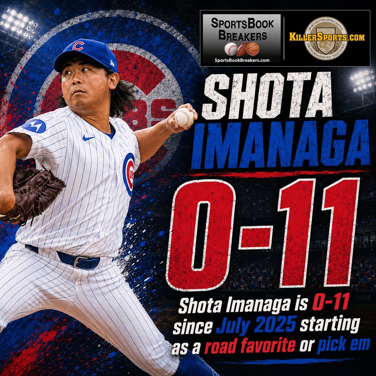 SBBreakers's tweet photo. Shota Imanaga starts as a road favorite for the Cubs vs the Mets tonight.  

The problem

Shota Imanaga is 0-11 since July 2025 starting as a road favorite or pick em. https://t.co/gajZu1Ckm5