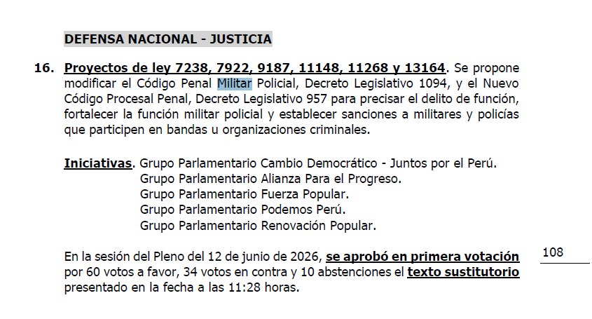 cviguria's tweet photo. En agenda del Pleno de mañana, se incluye la segunda votación de nueva ley procrimen que busca blindar a policías y militares viendo casos en fueros militares y policiales, por supuestos "delitos de función". 

Tal como ha sido definido en el dictamen, la iniciativa podría conllevar a que casos como el de Colcabamba y el del menor de 17 años que ha sido ya desarrollado en diferentes medios y un dominical, quede en manos del fuero policial y militar. Y otros más.

Se ha incluído incluso un apartado final que dispone que al no haber sentencia firme, el Poder Judicial se abstenga de analizar caso, lo archive, elimine antecedentes y lo pase a los fueros militares y policiales al ser requerido.  

Pero el Congreso busca aprobar la norma, sin considerar lo que ha venido ocurriendo. El tema ha sido dejado de lado por el Gobierno y parlamentarios, como si no hubiera ocurrido. 

Aquí explicamos cómo entidades como el Ministerio de Justicia y hasta un tribunal disciplinario de la policía lo rechazaron por llevar a arbitrariedades. 

https://t.co/ttZn0GrRhS