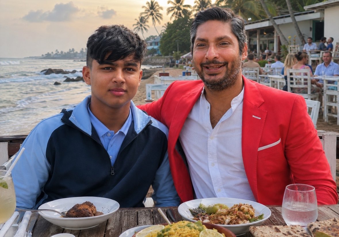 wordofshekhawat's tweet photo. Before flying back to Ind from Sri Lanka, Sangakkara personally met Vaibhav sooryavanshi https://t.co/rXFmvoLffI