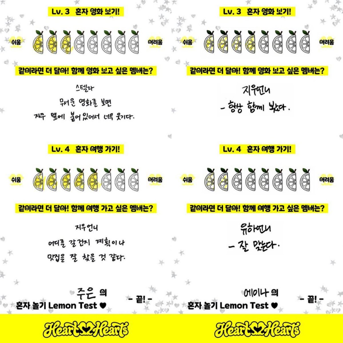 translatingH2H's tweet photo. 260622 Naver Blog - Lemon Tang #Hearts2Hearts Part 2

Q: Watching a movie alone!
🌴: 🍋🍋🍋🍋🍋
🍓: 🍋
🎀: 🍋🍋🍋
🧁: 🍋
👾: 🍋🍋🍋
🌻: 🍋🍋🍋🍋
🫛: 🍋🍋🍋🍋🍋
😊: 🍋

Q. Which member would you like to watch a movie with?
🌴: All~~ I think it will be fun if all of us watch together
🍓: A-na, my movie mate ☆ we go watch movies together all the time
🎀: Ian
Just, it would be fun!! + popcorn mukbang
🧁: Ian
-> She is always my movie mate
👾: Stella
When we watch scary movies, she keeps sticking close to me, it's so funny.
🌻: Jiwoo unnie.
- We always watch movies together.
🫛: Stella
We often watch together and her reactions are funny
😊: Yuha unnie
We have very similar tastes in movies!

Q: Traveling lone!
🌴: 🍋🍋🍋🍋🍋🍋🍋🍋
🍓: 🍋
🎀: 🍋🍋🍋🍋🍋🍋🍋
🧁: 🍋🍋
👾: 🍋🍋🍋🍋🍋
🌻: 🍋🍋
🫛: 🍋🍋🍋🍋🍋
😊: 🍋🍋🍋

Q. Which member would you like to travel with?
🌴: I really want all of us to travel together... Going alone seems like boring and scary...
🍓: All 8 of us! I want us all to go on a trip together :)
🎀: A-na
I think we will get along well and be able to have a healing trip!
🧁: Jiwoo unnie
-> I think we will be able to have a fun and well-organized (?) trip
👾: Jiwoo unnie.
I think she will be really good at planning where to go and finding good restaurants.
🌻: Yuha unnie
We get along well.
🫛: Juun
Being with her feels comfortable and she is also really good at taking photos
😊: My seven unnies (8 of us)
Bustling (lively)~
I think it will be so much fun ♡

#CARMEN #JIWOO #YUHA #STELLA #JUUN #A_NA #IAN #YE_ON