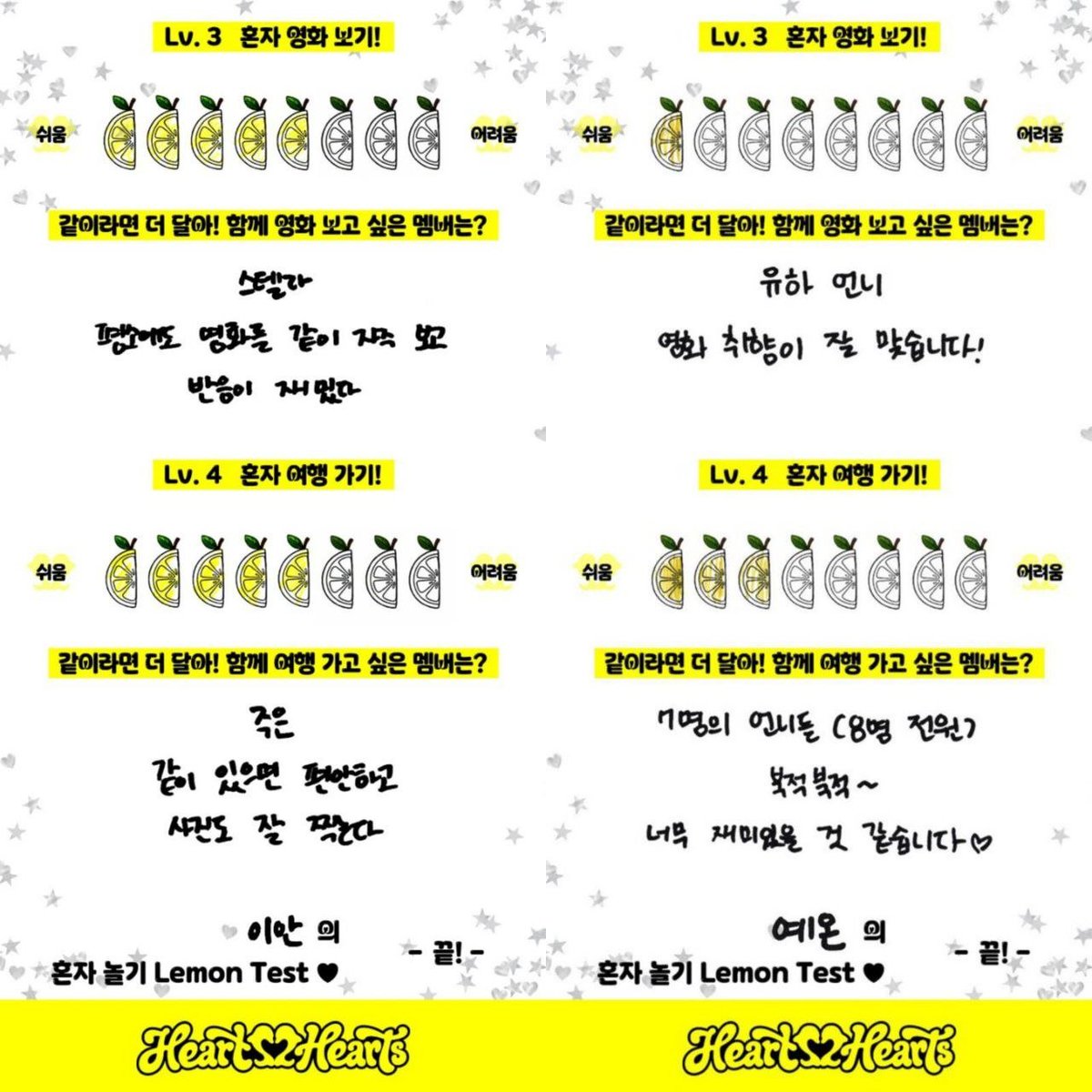 translatingH2H's tweet photo. 260622 Naver Blog - Lemon Tang #Hearts2Hearts Part 2

Q: Watching a movie alone!
🌴: 🍋🍋🍋🍋🍋
🍓: 🍋
🎀: 🍋🍋🍋
🧁: 🍋
👾: 🍋🍋🍋
🌻: 🍋🍋🍋🍋
🫛: 🍋🍋🍋🍋🍋
😊: 🍋

Q. Which member would you like to watch a movie with?
🌴: All~~ I think it will be fun if all of us watch together
🍓: A-na, my movie mate ☆ we go watch movies together all the time
🎀: Ian
Just, it would be fun!! + popcorn mukbang
🧁: Ian
-> She is always my movie mate
👾: Stella
When we watch scary movies, she keeps sticking close to me, it's so funny.
🌻: Jiwoo unnie.
- We always watch movies together.
🫛: Stella
We often watch together and her reactions are funny
😊: Yuha unnie
We have very similar tastes in movies!

Q: Traveling lone!
🌴: 🍋🍋🍋🍋🍋🍋🍋🍋
🍓: 🍋
🎀: 🍋🍋🍋🍋🍋🍋🍋
🧁: 🍋🍋
👾: 🍋🍋🍋🍋🍋
🌻: 🍋🍋
🫛: 🍋🍋🍋🍋🍋
😊: 🍋🍋🍋

Q. Which member would you like to travel with?
🌴: I really want all of us to travel together... Going alone seems like boring and scary...
🍓: All 8 of us! I want us all to go on a trip together :)
🎀: A-na
I think we will get along well and be able to have a healing trip!
🧁: Jiwoo unnie
-> I think we will be able to have a fun and well-organized (?) trip
👾: Jiwoo unnie.
I think she will be really good at planning where to go and finding good restaurants.
🌻: Yuha unnie
We get along well.
🫛: Juun
Being with her feels comfortable and she is also really good at taking photos
😊: My seven unnies (8 of us)
Bustling (lively)~
I think it will be so much fun ♡

#CARMEN #JIWOO #YUHA #STELLA #JUUN #A_NA #IAN #YE_ON