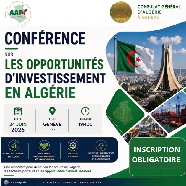 CGALGERIE's tweet photo. 🇩🇿INVESTIR EN ALGÉRIE 
Opportunités et perspectives
24.06.2026, 19 h à Genève,  Inscription obligatoire  : https://t.co/PRQAKaNd8m https://t.co/YNeyJEuPny