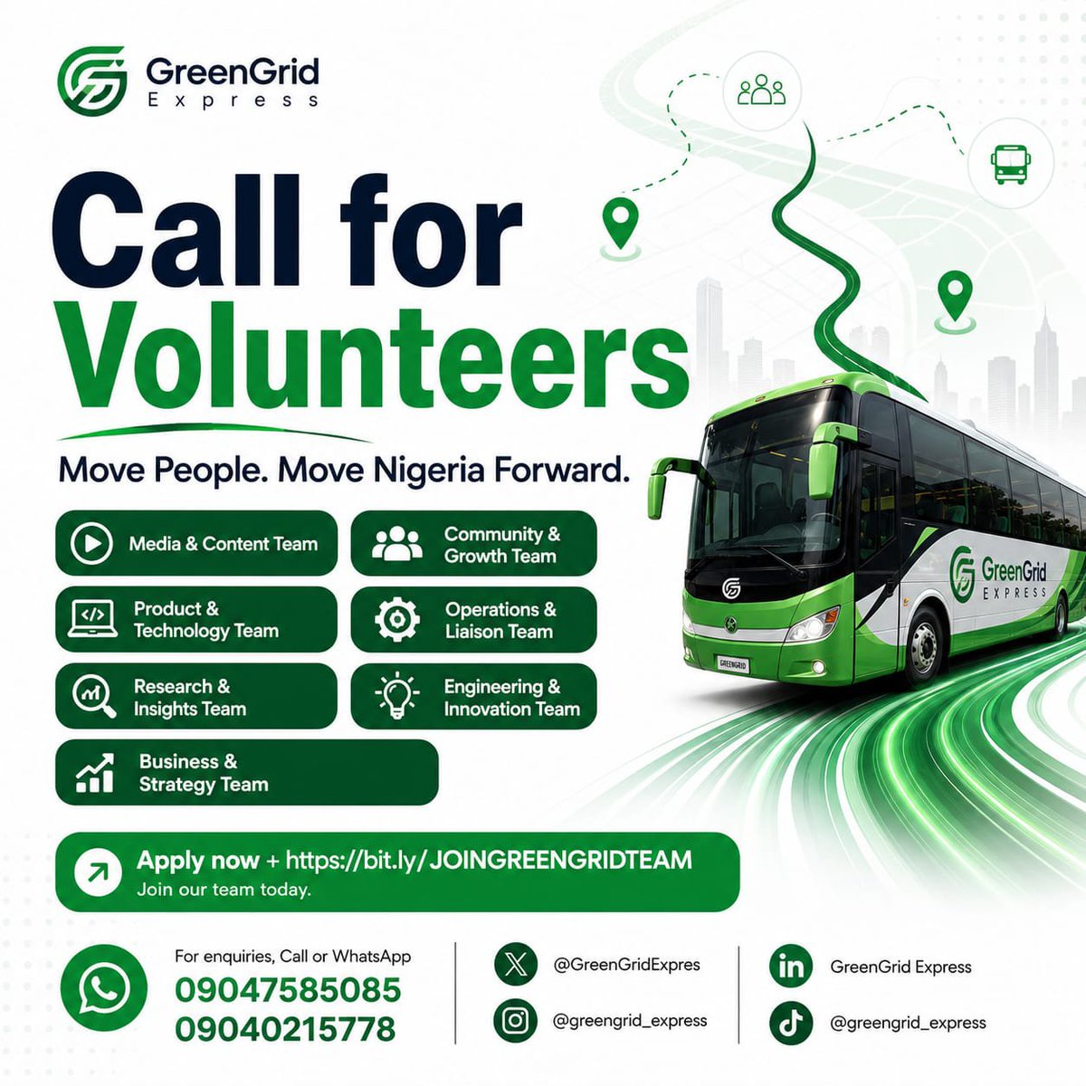 GreenGridExpres's tweet photo. Nigeria needs builders, creators and problem-solvers. 🚍💚
Applications to join GreenGrid Express are now open.
Choose your team. Learn. Build. Create impact.
📅 Deadline: July 30, 2026
🔗 Apply: https://t.co/ggPYHpTCJa

#GreenGridExpress #Volunteer #fypp #lautechstudents #foryou https://t.co/Z8Hq3oja6X