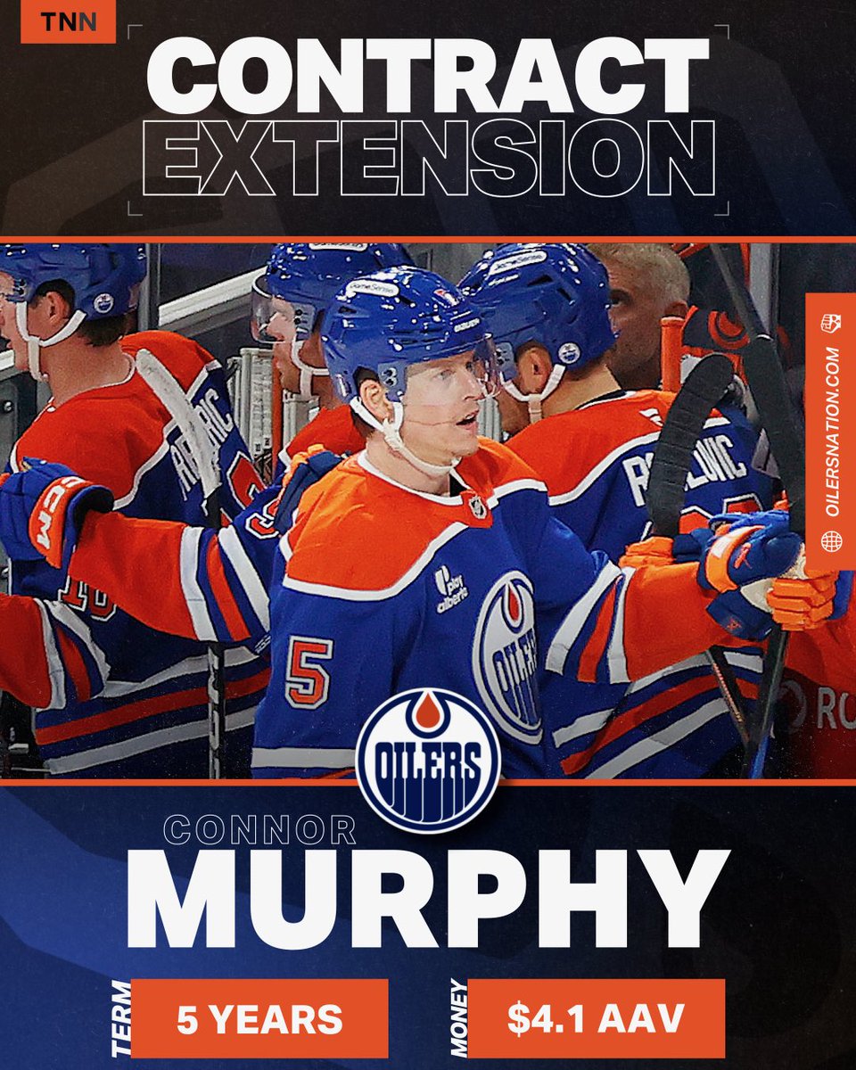 OilersNation's tweet photo. Connor Murphy is staying in Edmonton. Sounds like the veteran blueliner is set to sign a 5-year extension worth $4.1M AAV with the Oilers, per Ryan Rishaug. https://t.co/D9tq4dsXuF