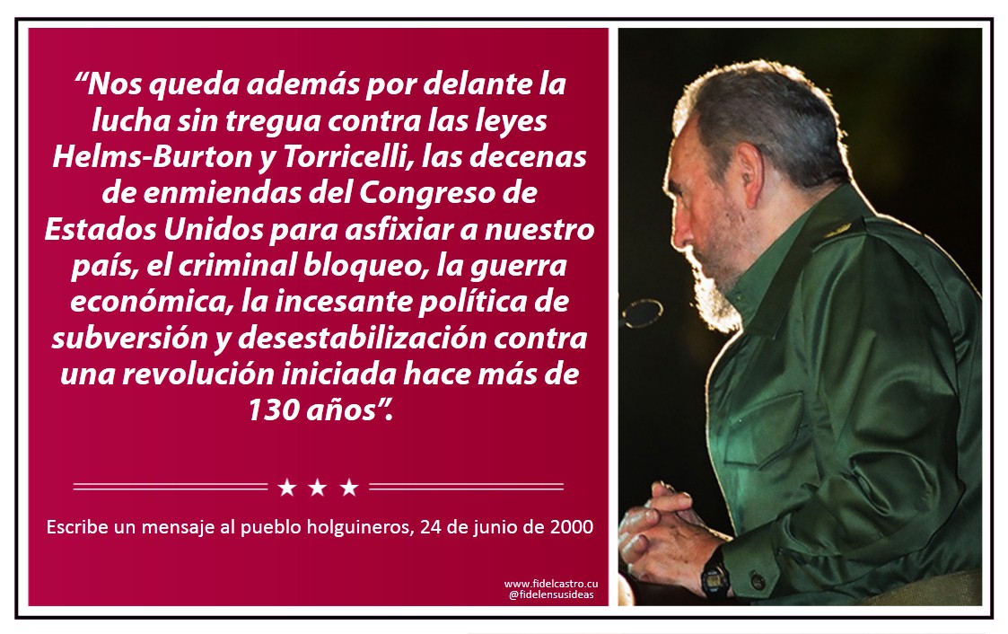FSoldadodeIdeas's tweet photo. 24 de junio de 2000 #Fidel escribe mensaje al pueblo holguinero:
“Nos queda además por delante la lucha sin tregua contra las leyes Helms-Burton y Torricelli, las decenas de enmiendas del Congreso de Estados Unidos para asfixiar a nuestro país, el criminal bloqueo(…)” https://t.co/XmWZn60Zgi