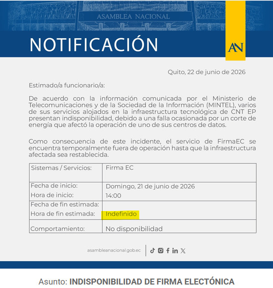 usuariosdigital's tweet photo. #AlertaDigitalEC
Usuarios denuncian desde hace varios días problemas con el servicio de firma electrónica #FirmaEC, @Telecom_Ec no ha emitido mensaje público sin embrago si habría comunicado a @AsambleaEcuador donde indica que es problema de @CNT_EC sin fecha de solución https://t.co/LJgXRQ49Jh