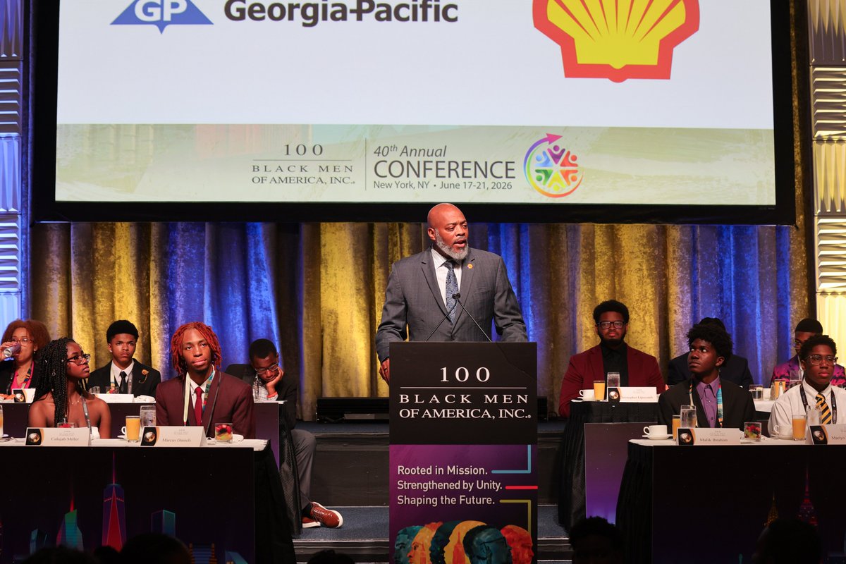 100BlackMen's tweet photo. The Report From Our Youth Breakfast, sponsored by Georgia Pacific and Shell, brought the Grand Ballroom to life as our mentees stepped forward and delivered, in their own words, what this conference meant to them. What followed was a masterclass in the power of mentorship. https://t.co/jYyQjKD4X2