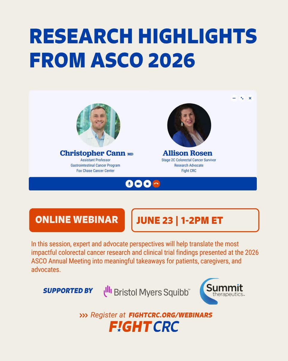 FightCRC's tweet photo. Tomorrow at 1 PM ET: Fight CRC's Research Highlights from @ASCO webinar.

Join @ChrisCannMD of @FoxChaseCancer &amp; @ARosen380 for a discussion of promising #clinicaltrial results, advances in precision medicine, &amp; emerging #CRC research.

Register now: https://t.co/3YXnoFhptc https://t.co/Gak2z2XbLA