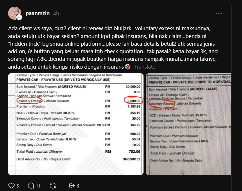 nizamiks's tweet photo. Hati hati dengan clause - Voluntary Excess time beli insurans kereta. 

Asal nampak murah je sebat, time claim mau rabak poket.. https://t.co/ItevNgvaRH