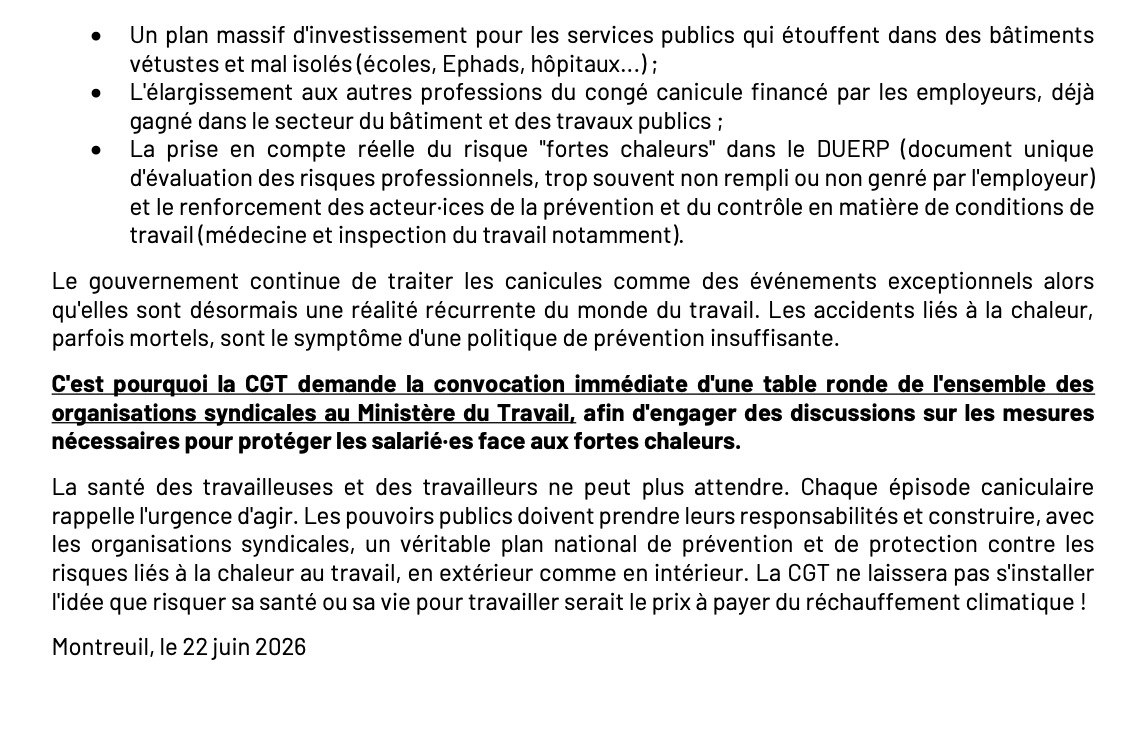 BinetSophie's tweet photo. Près de 40 % des salarié·es sont exposé·es à au moins une contrainte physique intense et 3,6 millions travaillent à l'extérieur et sont directement pénalisé·es par les fortes chaleurs
La CGT exige des mesures d'urgence et l’organisation  d’une table ronde au ministère du travail https://t.co/9cS0UwhV6y