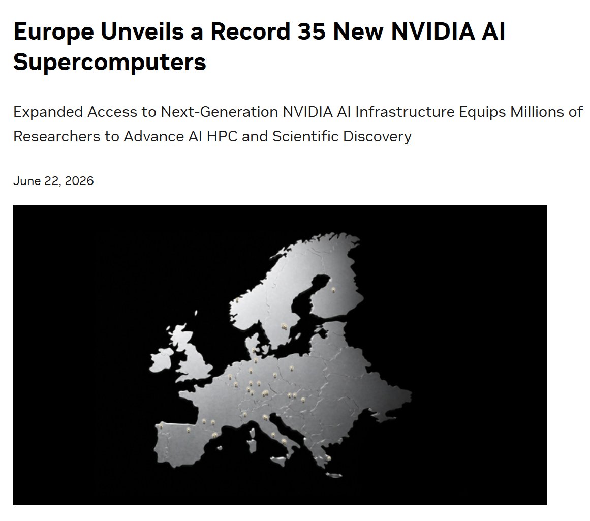 DailyStock9946's tweet photo. 🟢 NVIDIA $NVDA 今日宣布，目前已有创纪录的 35 台由 NVIDIA 技术驱动的 AI 和 HPC 超级计算机 正在欧洲 23 个国家 开发建设中。

这些系统将支持超过 300 万名研究人员，并进一步巩固 NVIDIA 作为欧洲 AI 工厂和科学计算基础设施核心支柱的地位。 https://t.co/c2n4aBrbxz