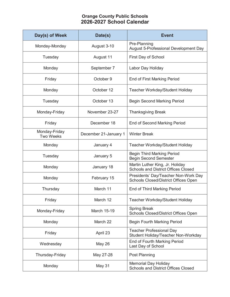 OCPSnews's tweet photo. Your most important screenshot of the day.

In case you missed it, the 2026-2027 OCPS school calendar is posted. Take a look and start planning ahead! https://t.co/Se67GixRi8