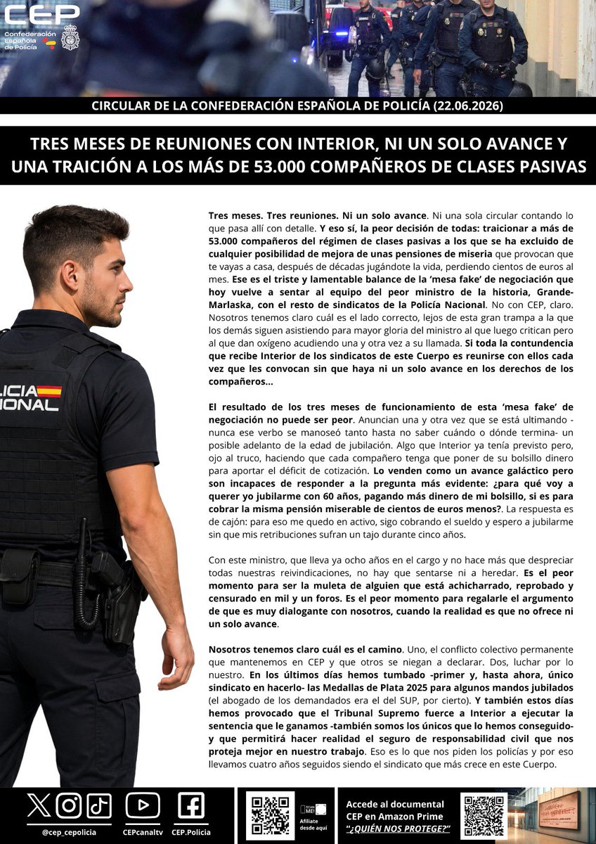 cep_cepolicia's tweet photo. ❌ Tres meses. Tres reuniones. Ni un avance. Y una traición a más de 53.000 compañeros de clases pasivas, a los que se ha excluido de cualquier mejora en unas pensiones de jubilación de miseria. Vuelven a la mesa de #MarlaskaDimite los demás. Nosotros no. Siempre con los policías https://t.co/DQYUOT1TsH