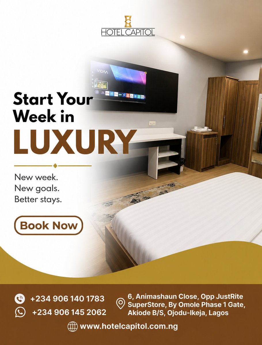 hotelcapitolnig's tweet photo. A brand-new week is here! ✨

Start it with comfort, elegance, and a hospitality experience that leaves lasting memories. Here's to a week of new opportunities and restful moments.

FOR RESERVATIONS
Call/WhatsApp: 09061452062

#HotelCapitol #NewWeek #LuxuryStay #ExecutiveComfort https://t.co/wJBVLSOePA