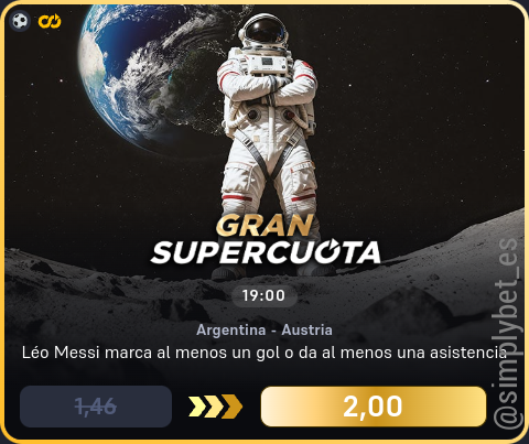 simplybet_es's tweet photo. 🔊🔊 Supercuota DORADA Winamax 🔊🔊

⚽️ Argentina - Austria (Hoy 19:00)
Léo Messi marca al menos un gol o da al menos una asistencia
1.46 ➡️ 2.00 (36.99%) [10€]

#winamax #supercuota #dorada https://t.co/knpethDJ0a