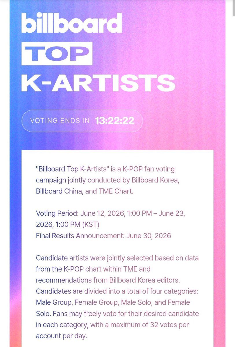 CaratLandHQ's tweet photo. 🚨‼️ CARATs ONE LAST PUSH UNTIL 1PM KST ON JUNE 23!

TIME TO GO ALL OUT! As SEVENTEEN has signed off TEMPORARILY doesn’t mean we should stop supporting them when given the chance! We need to win this for them!

Don’t stop voting and let’s win this!

This Ends on June 23, 2026
✅32 Votes per Account 

𝐇𝐎𝐖 𝐓𝐎 𝐕𝐎𝐓𝐄
1. Go to https://t.co/UGebsmMjzM
2. Tap Join and create an account.
3. Fill in required info and verify email.
4. Login back and tap vote 32 times. 
* Once all votes have been cast, the voting button will turn grey.
