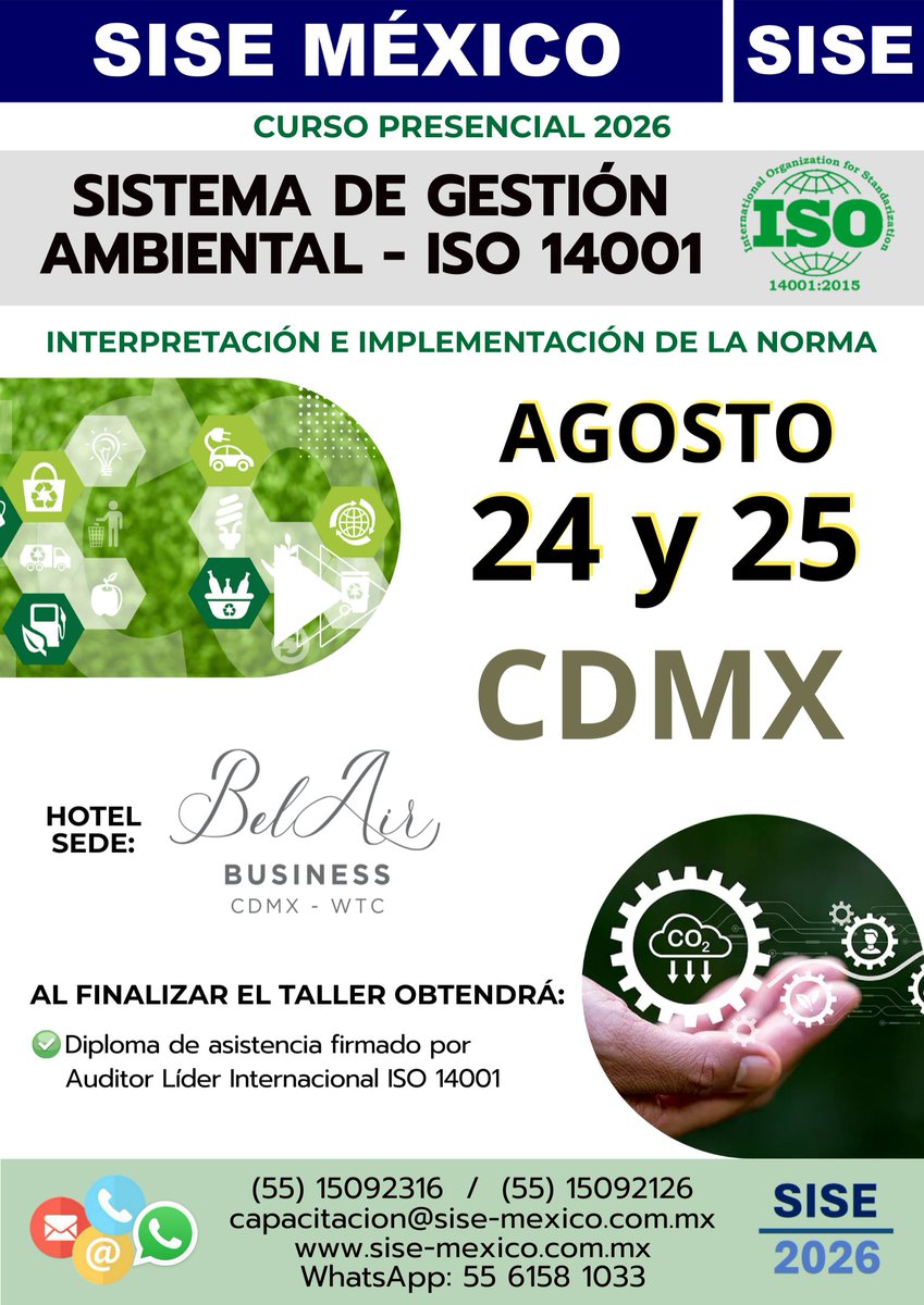 SISEMEXICO's tweet photo. Inscríbete a este extraordinario Curso de “Sistema de Gestión Ambiental ISO 14001” y aprende cómo hacer una adecuada interpretación de los requerimientos para una implementación positiva basado en dicho estándar. #SISEMEXICO #ISO14001 #SistemadeGestión #ProteccionAmbiental https://t.co/tzS50Loyet