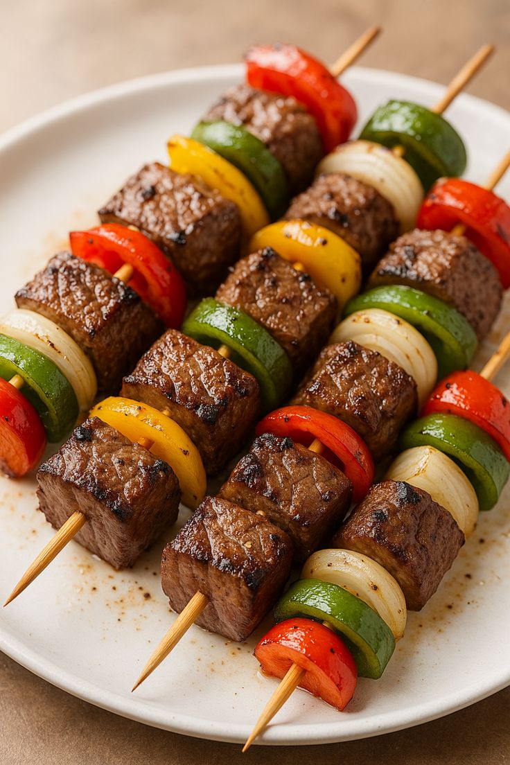 Foodbaba61pj's tweet photo. Grilled beef kabab skewers with red, yellow, green bell peppers and onion slices on white plate, showing char marks from grilling.
#FusionFoodiz#BBQ
#Beefkababs https://t.co/mCSBZNQAdp