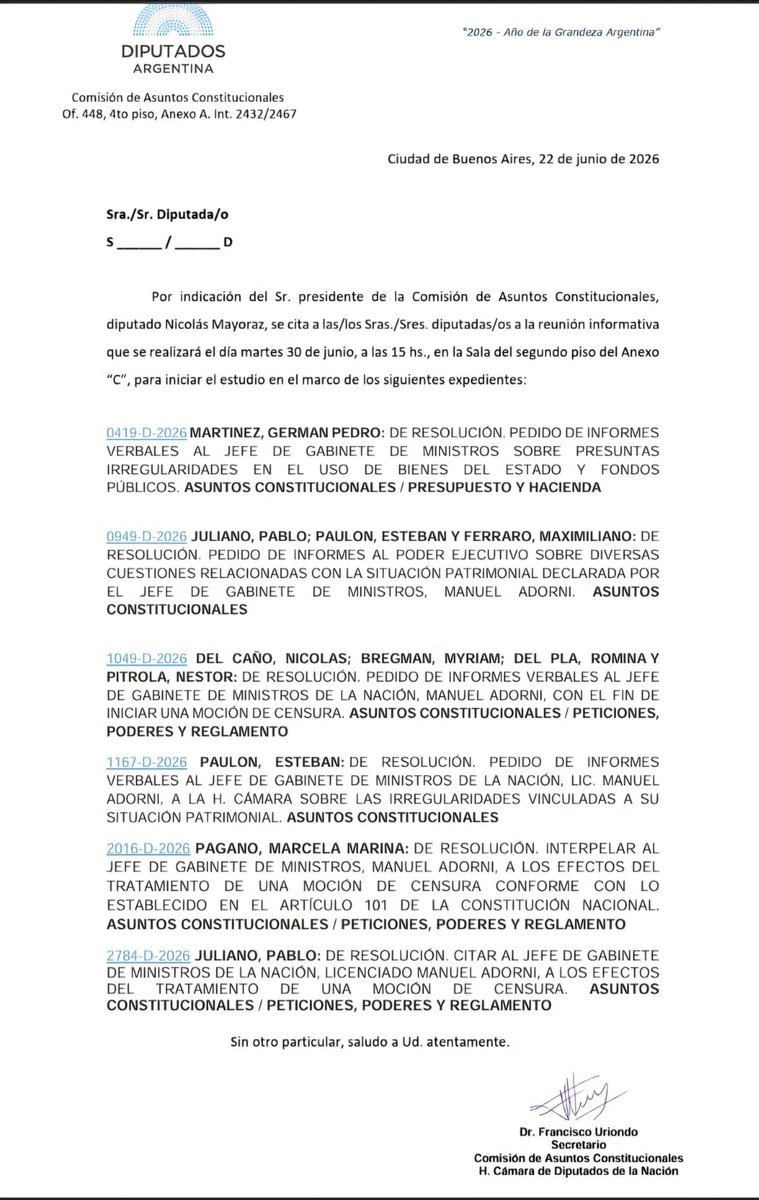 PabloJulianoLP's tweet photo. A pedido de los Republicanos Selectivos, LLA citó a Asuntos Constitucionales para la semana que viene para tratar los expedientes sobre Adorni.

Traducido en argentino: El oficialismo y sus aliados protegen a Adorni, cuando lo que se debe hacer es cuidar a los argentinos de funcionarios como Adorni. Valores tergiversados.

Objetivo: GANAR TIEMPO.