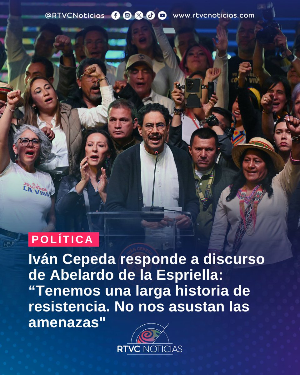 RTVCnoticias's tweet photo. #Política  🚨 l  IVÁN CEPEDA RESPONDE A LAS DECLARACIONES DE ABELARDO DE LA ESPRIELLA Y SE REFIERE AL ESCRUTINIO

El candidato presidencial Iván Cepeda respondió a las declaraciones realizadas por Abelardo de la Espriella tras conocerse los resultados del preconteo electoral, en las que afirmó que tanto Cepeda como el presidente Gustavo Petro “deberán hacer sus maletas”.

Frente a estos señalamientos, Cepeda aseguró: “Tenemos una larga historia de resistencia. No nos asustan las amenazas”.

El candidato también se refirió al proceso de escrutinio y afirmó que “se han presentado 57.189 reclamaciones que nos facultan y obligan a los escrutadores a verificar estas alegaciones”