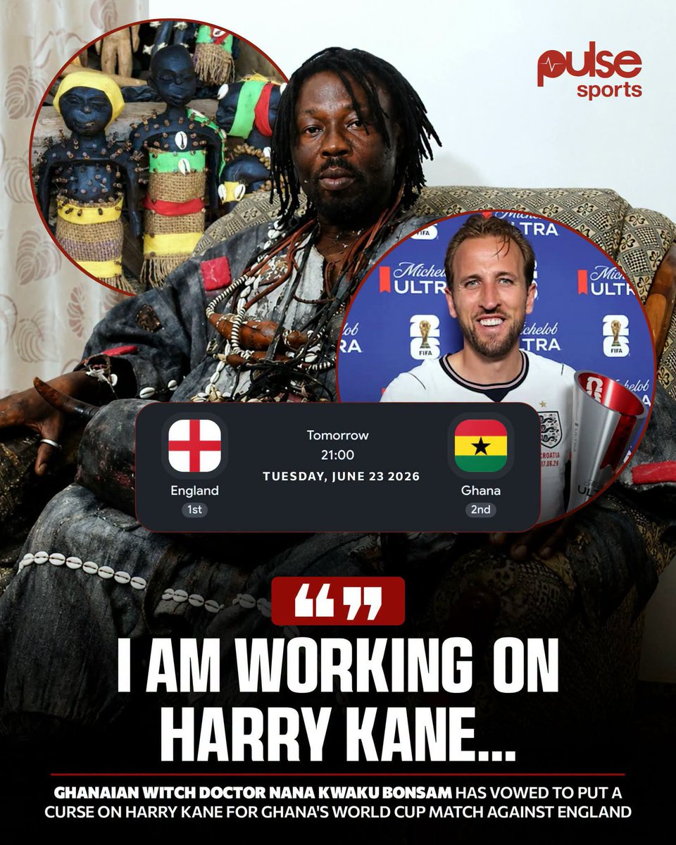 MadeManKing's tweet photo. Ghana’s notorious spiritualist, Nana Kwaku Bonsam, is targeting Harry Kane ahead of the big World Cup clash with England.
​The witch doctor has vowed to neutralize the England skipper to protect the Black Stars, promising a targeted spiritual intervention. 👀
​
World Cup. FIFA. https://t.co/QAJzGEd472