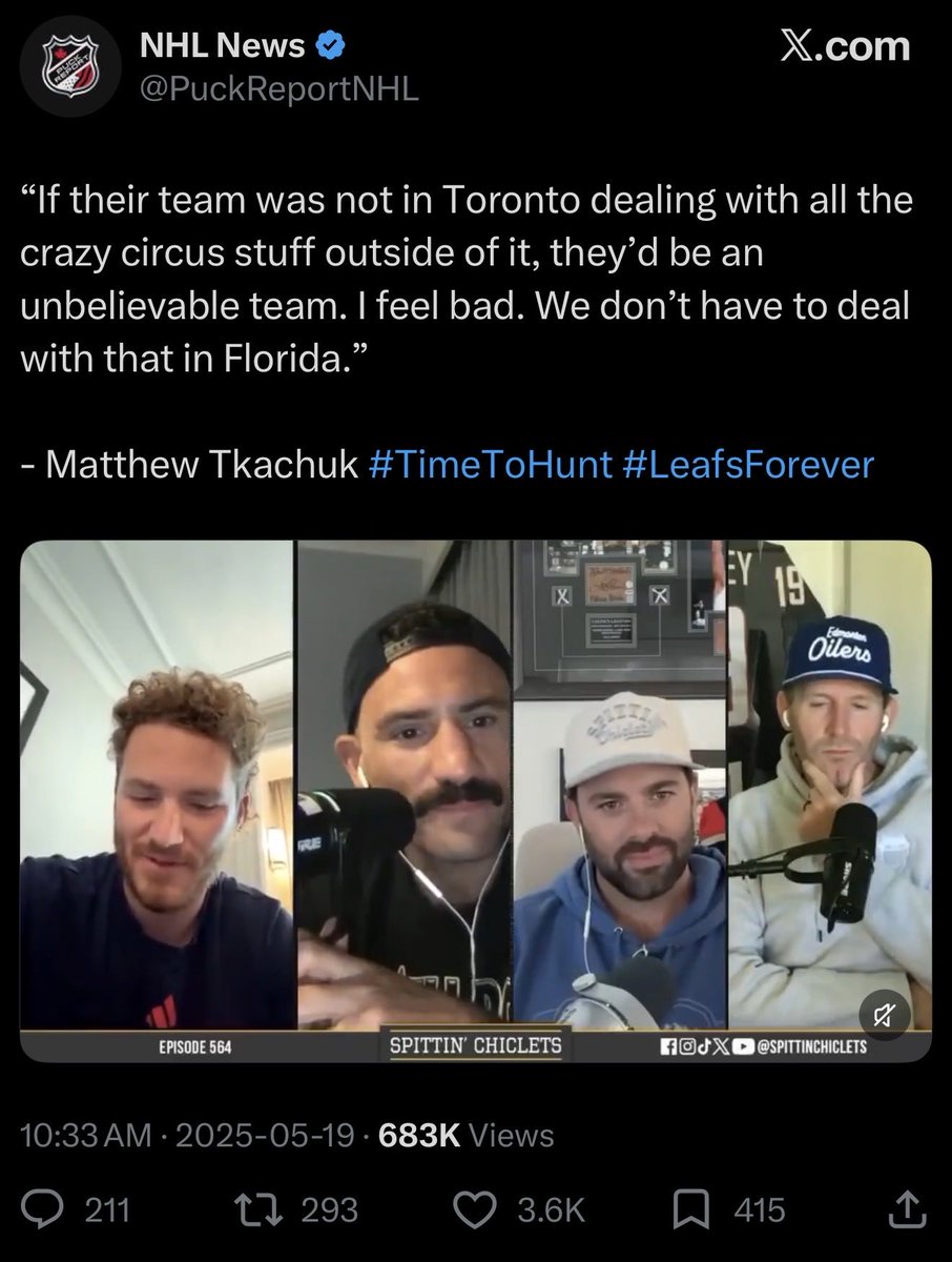 SulmanSJ's tweet photo. Anyways here’s Matthew Tkachuk stating that the only thing holding back the Maple Leafs is outside pressure that Florida doesn’t have to face https://t.co/bKgxztTZfd