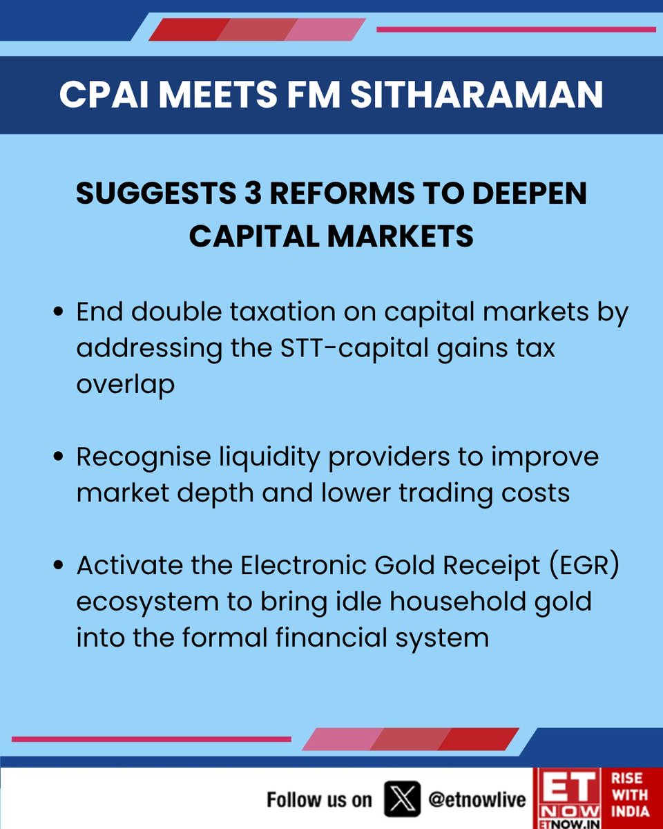ETNOWlive's tweet photo. "End double taxation on capital markets by addressing the STT-capital gains tax overlap,"

Commodity Participants Association of India to Finance Minister👇

@FinMinIndia @cpaiindia #StockMarketIndia https://t.co/H2y5BwSyk3