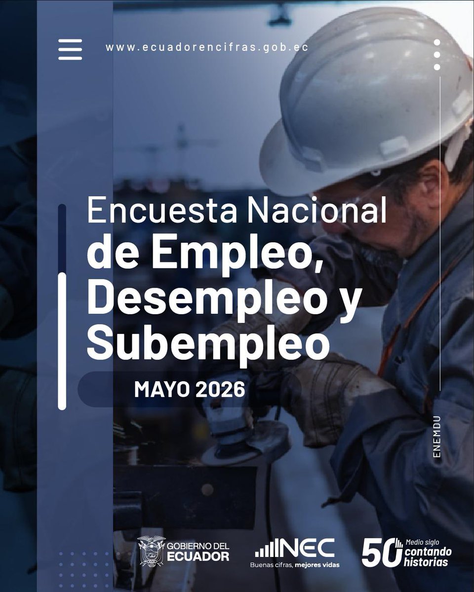 Ecuadorencifras's tweet photo. #INECInforma
📊Ya están disponibles los resultados mensuales de la Encuesta Nacional de Empleo, Desempleo y Subempleo #ENEMDU mayo 2026.
📋El informe presenta información actualizada sobre el mercado laboral del país, con resultados a nivel nacional, urbano y rural. 🏘️
🔗Conoce el informe completo en la presentación oficial, en el siguiente enlace: https://t.co/oH3AUR0RPQ
#BuenasCifras #MejoresVidas