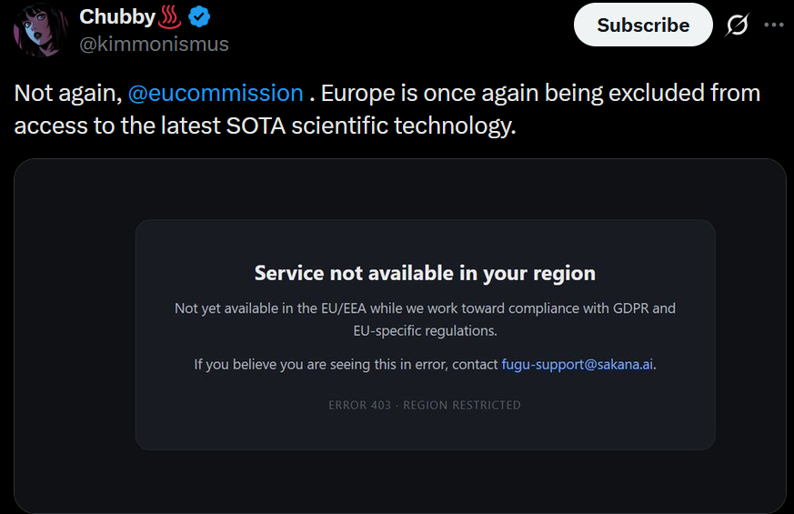 0xNche's tweet photo. A short story why $PRXVT will go to billions, it truly fills a gap no other project can, not even $VVV.

No identity, ZK gated, no IP, no personal info, no account.

We're going to see more of this - EU geoblocked on Sakana AI.

Anthropic to let only US nationals use Fable/Mythos https://t.co/mvGilDzY5J